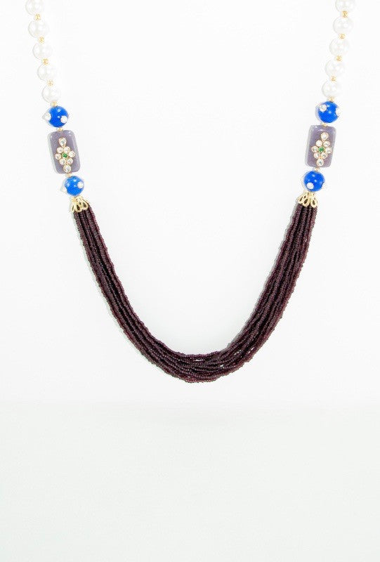 Oviya Necklace With Violet, Pearl And Blue Beads - Desi Royale